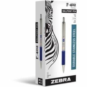 Zebra F-402 Stainless Steel Ballpoint Pens Blue Ink 0.7mm Fine Point – 12 Pack