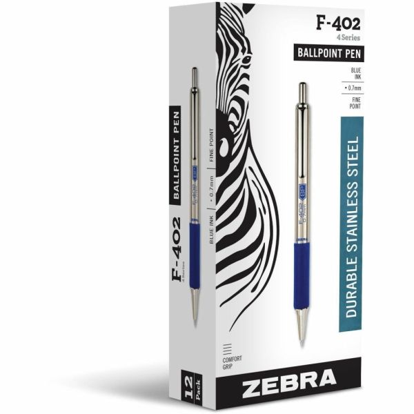 Zebra F-402 Stainless Steel Ballpoint Pens Blue Ink 0.7mm Fine Point – 12 Pack