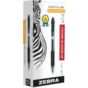 Zebra SARASA dry X20 Retractable Gel Pens Black Ink 0.5mm Fine Point – 12 Pack