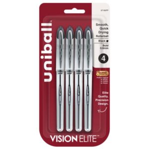 uni-ball Vision Elite Rollerball Pens White Barrel Black Ink 0.8mm Bold – 4 Pack